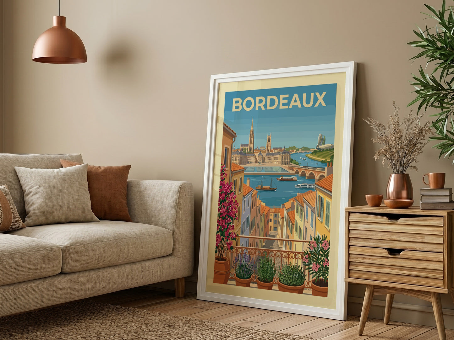 Bordeaux travel poster featuring a colorful cityscape with a river and balcony plants.