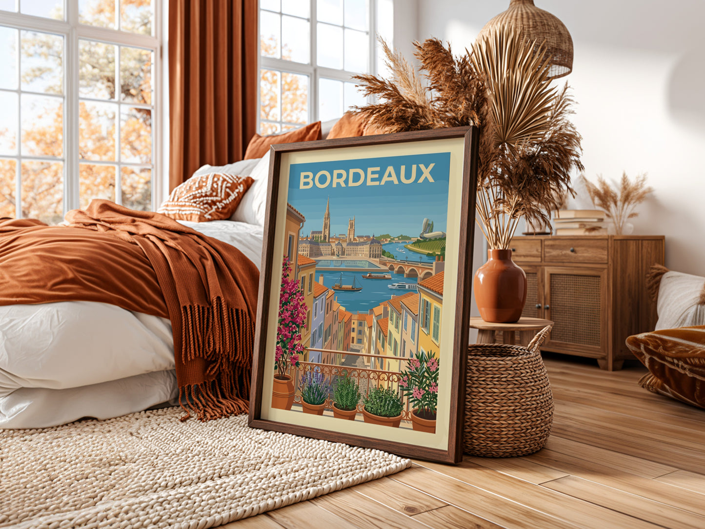 Bordeaux travel poster featuring a colorful cityscape with a river and balcony plants.