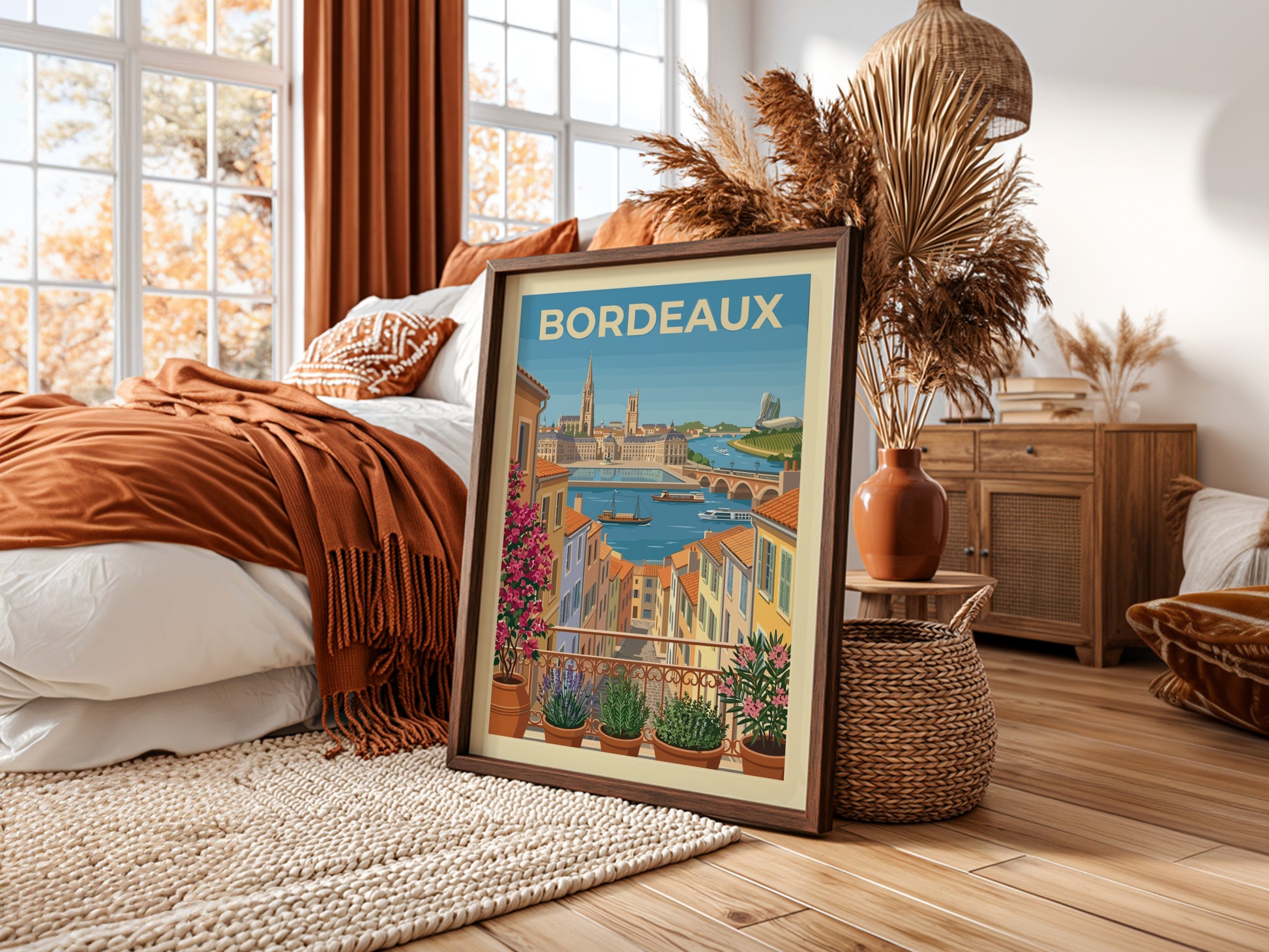 Bordeaux travel poster featuring a colorful cityscape with a river and balcony plants.