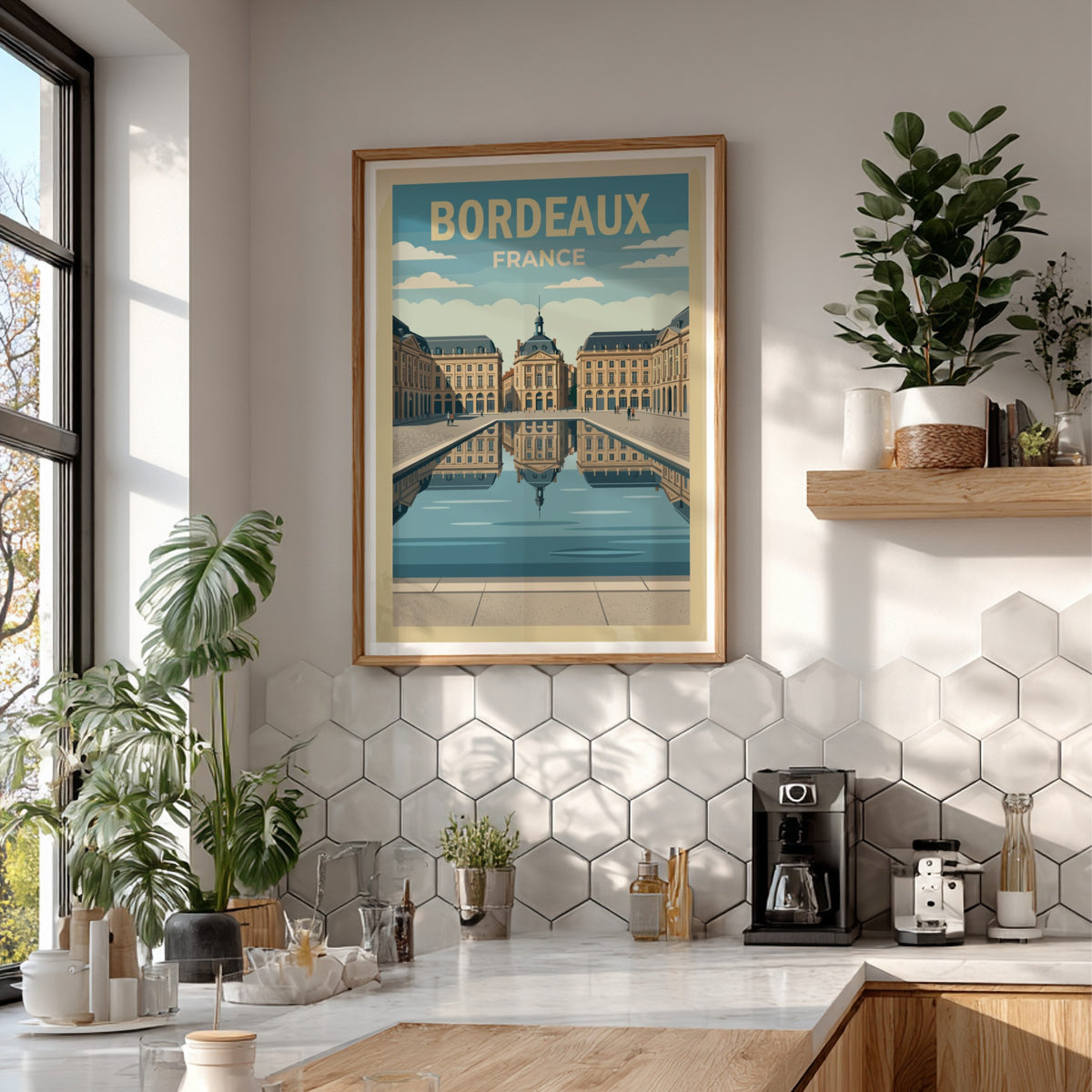 Travel poster of Bordeaux France featuring neoclassical buildings reflected in a calm water basin.