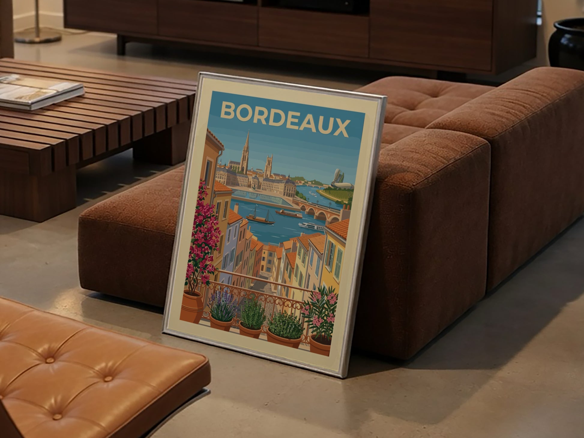 Bordeaux travel poster featuring a colorful cityscape with a river and balcony plants.