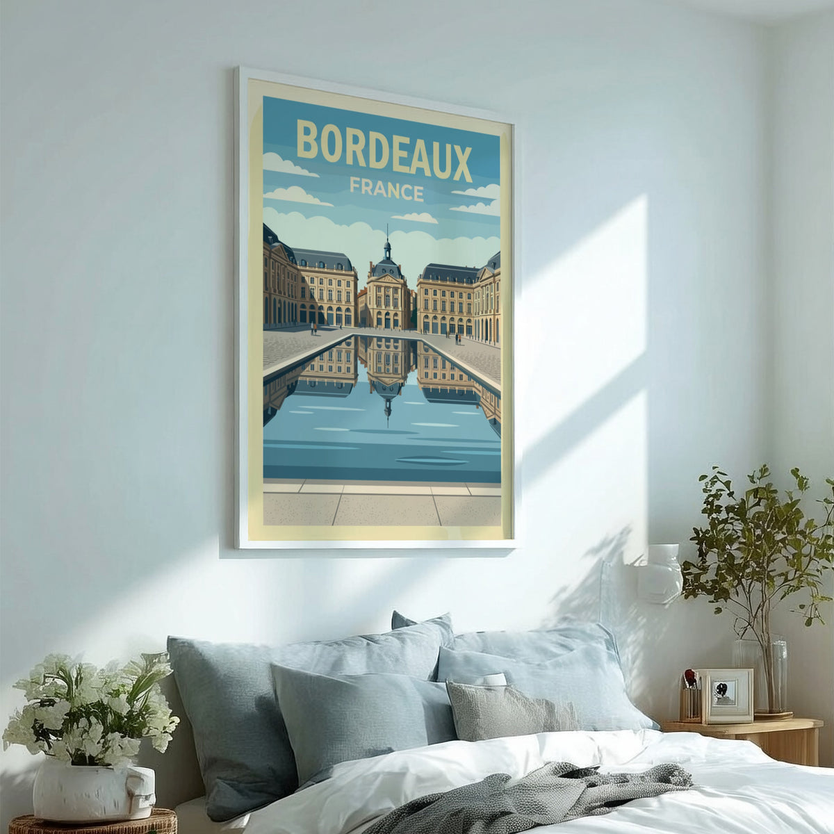 Travel poster of Bordeaux France featuring neoclassical buildings reflected in a calm water basin.
