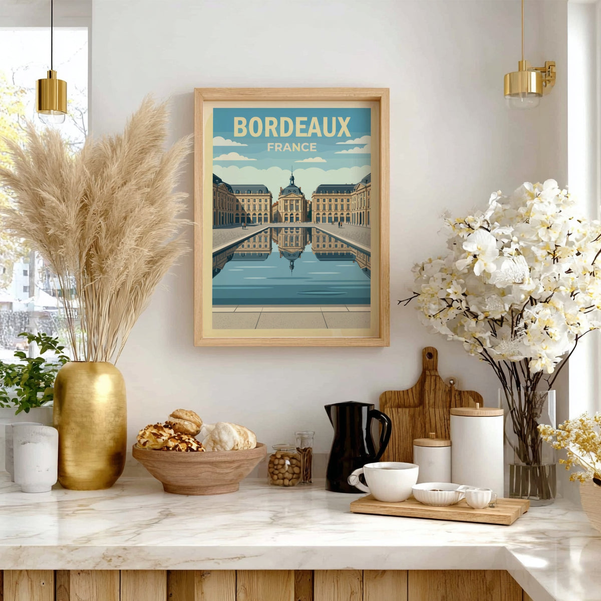 Travel poster of Bordeaux France featuring neoclassical buildings reflected in a calm water basin.