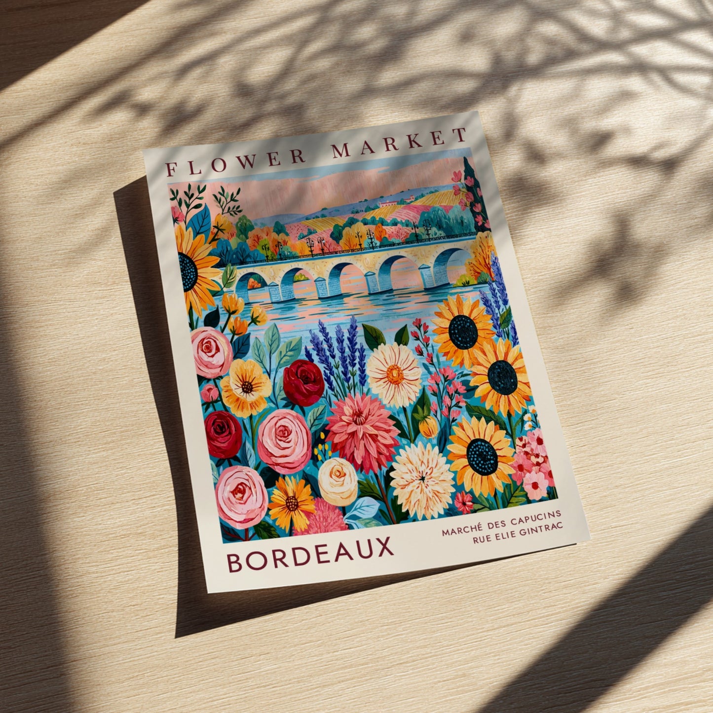 Bordeaux flower market poster featuring colorful blooms and a scenic city landscape