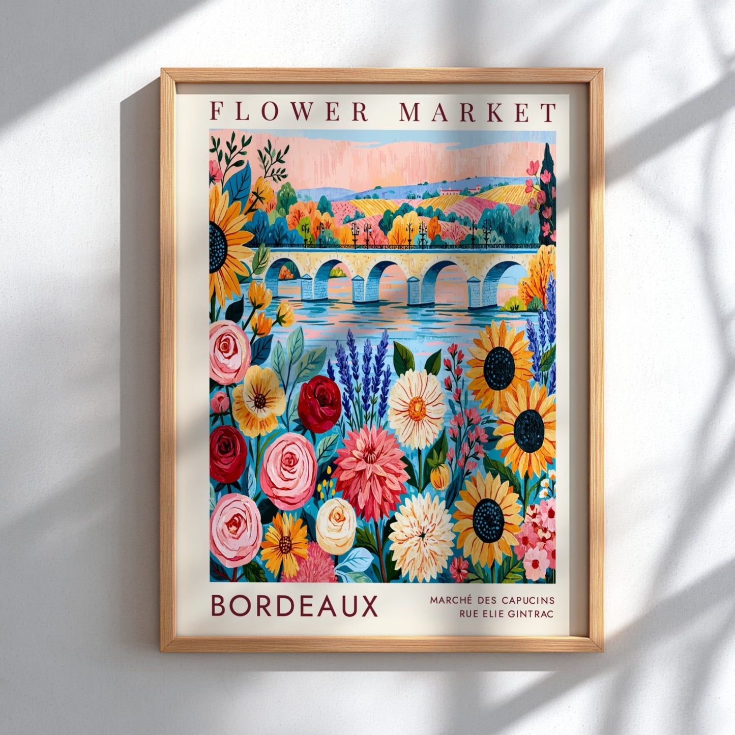 Bordeaux flower market poster featuring colorful blooms and a scenic city landscape