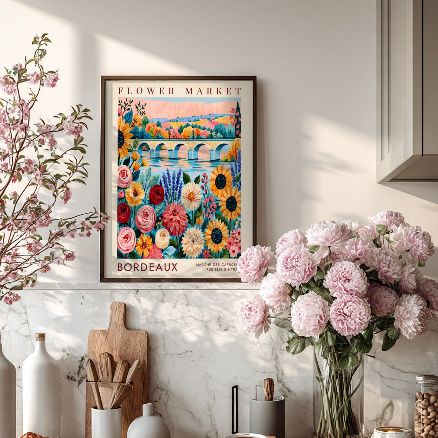 Bordeaux flower market poster featuring colorful blooms and a scenic city landscape
