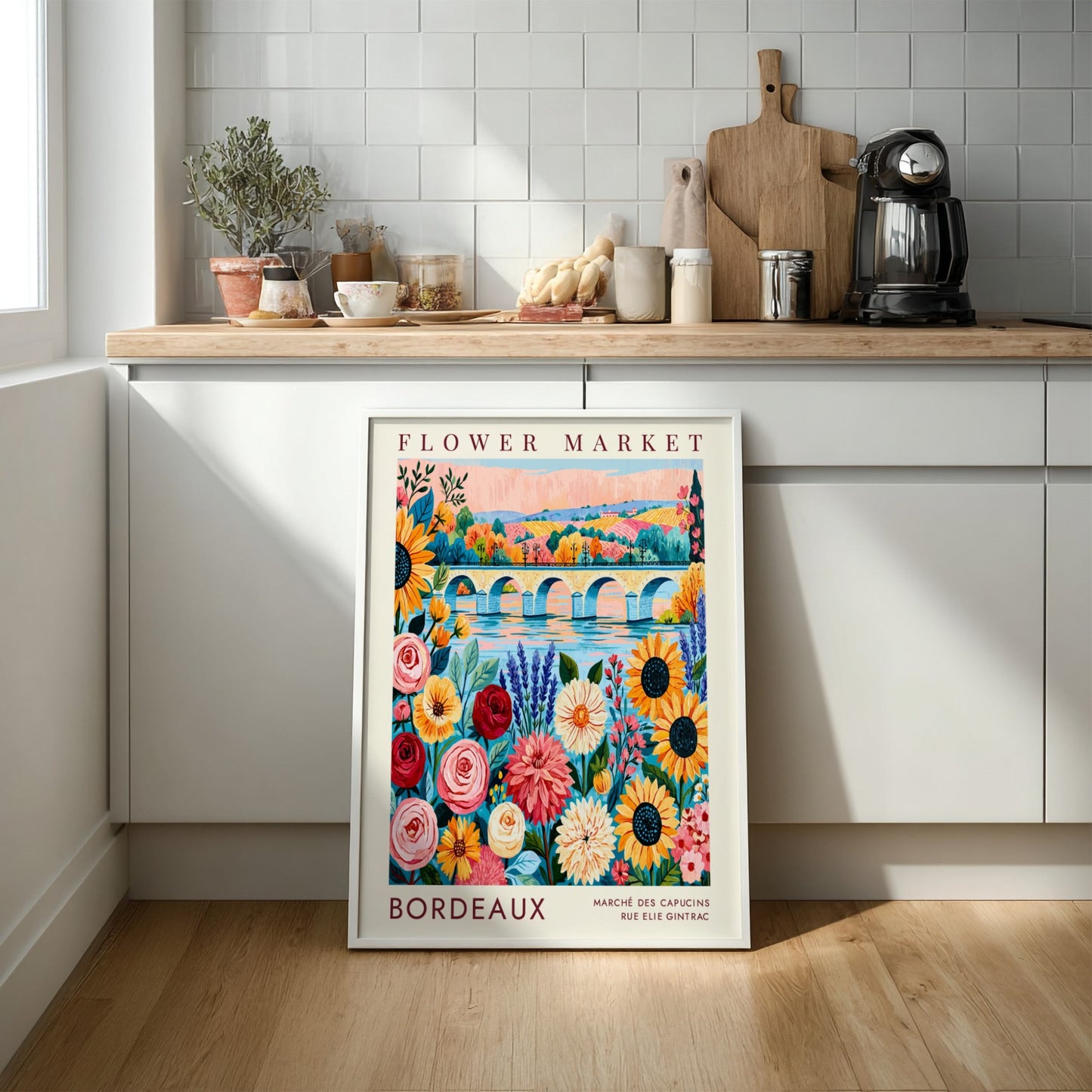 Bordeaux flower market poster featuring colorful blooms and a scenic city landscape