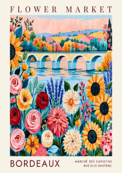 Bordeaux flower market poster featuring colorful blooms and a scenic city landscape