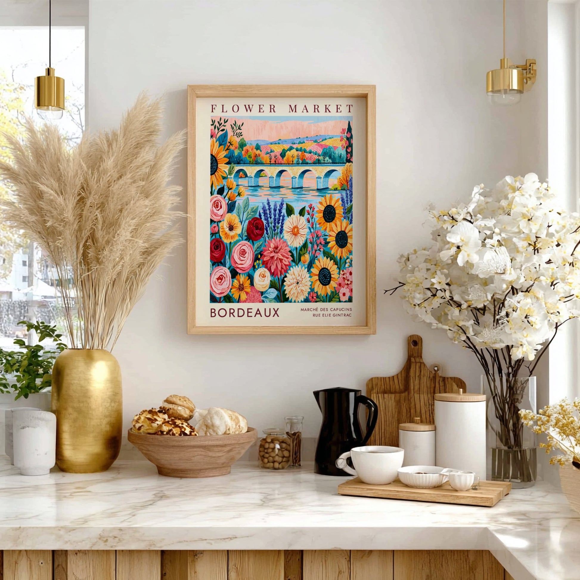 Bordeaux flower market poster featuring colorful blooms and a scenic city landscape