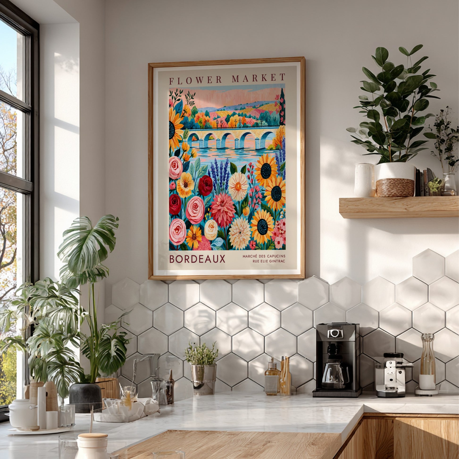Bordeaux flower market poster featuring colorful blooms and a scenic city landscape