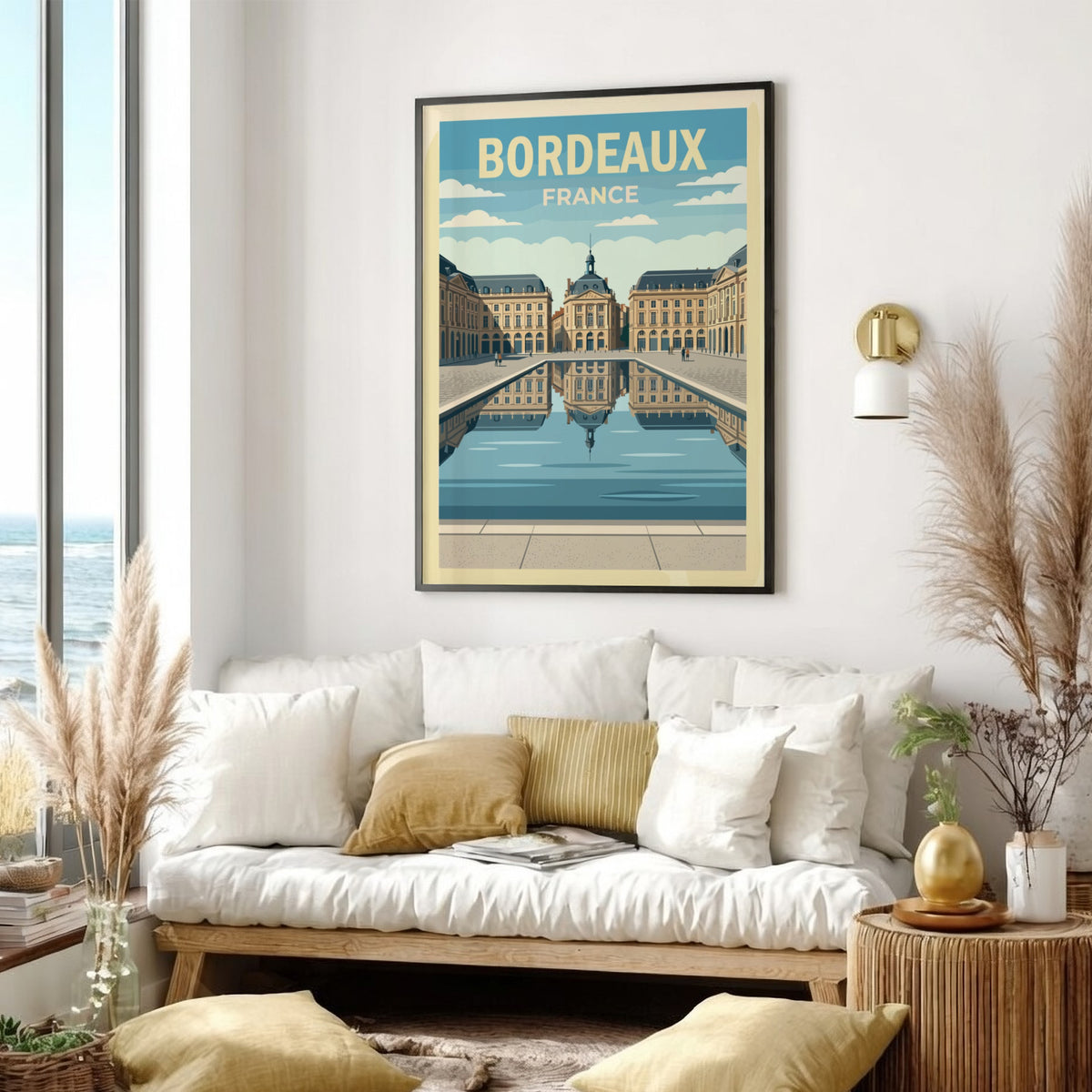 Travel poster of Bordeaux France featuring neoclassical buildings reflected in a calm water basin.
