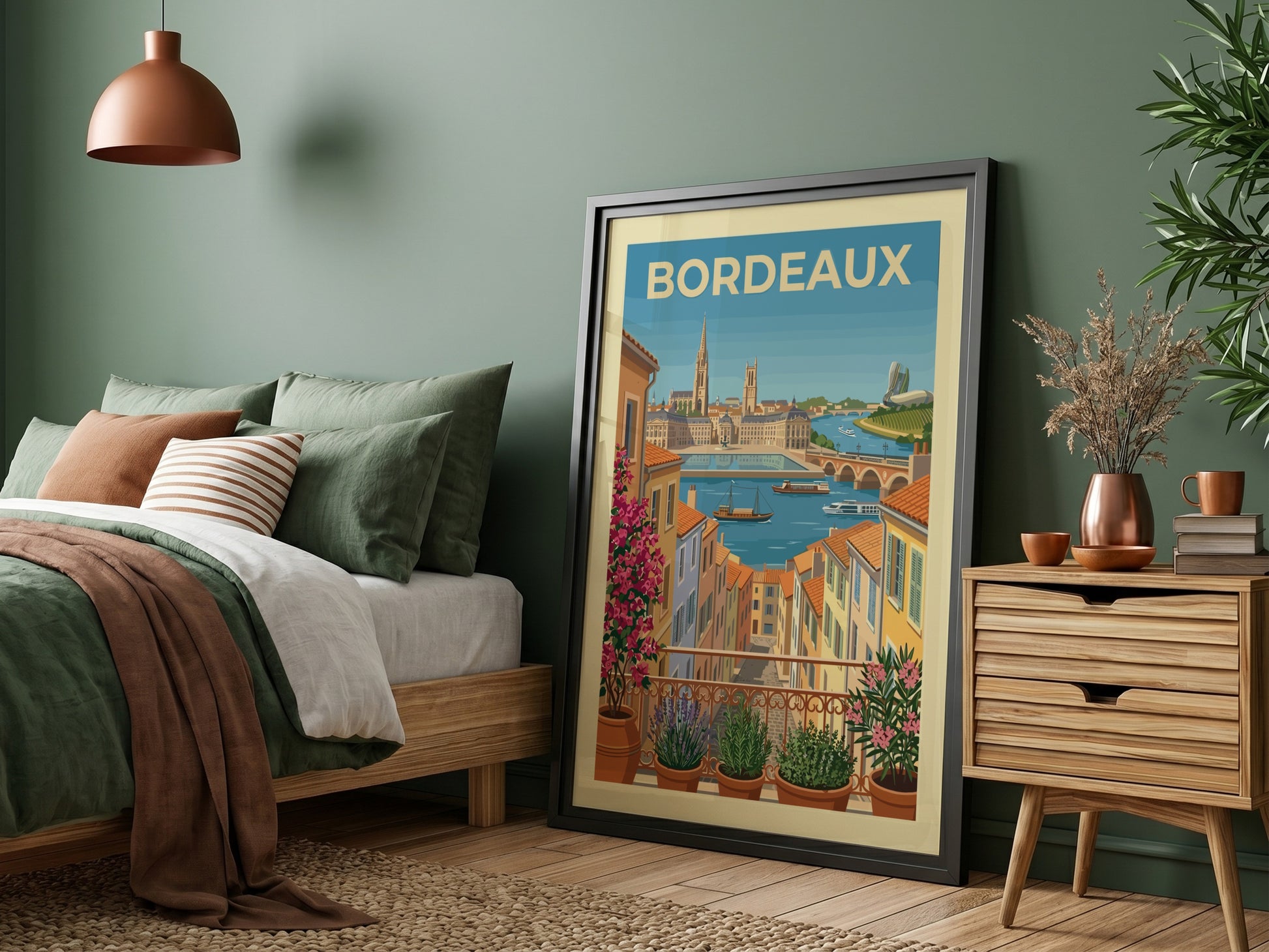 Bordeaux travel poster featuring a colorful cityscape with a river and balcony plants.
