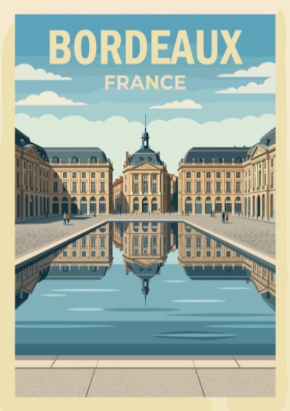 Travel poster of Bordeaux France featuring neoclassical buildings reflected in a calm water basin.