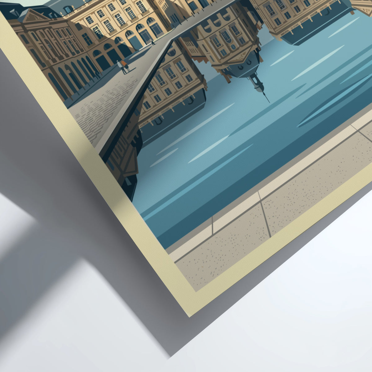 Travel poster of Bordeaux France featuring neoclassical buildings reflected in a calm water basin.