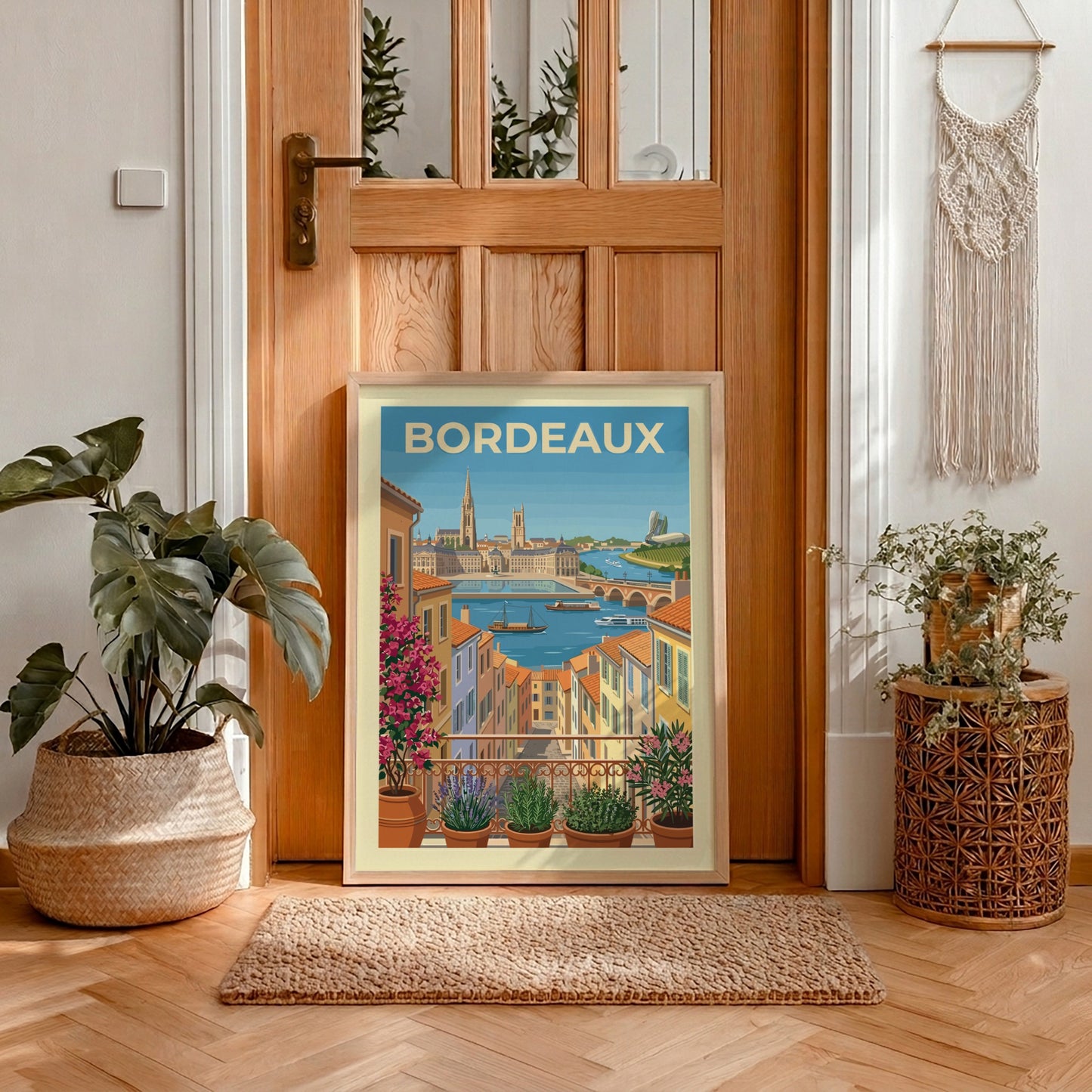 Bordeaux travel poster featuring a colorful cityscape with a river and balcony plants.