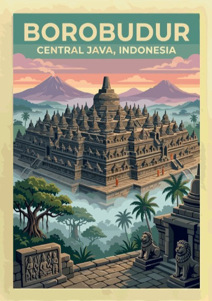 Travel poster of Borobudur temple in Central Java Indonesia with misty jungle trees