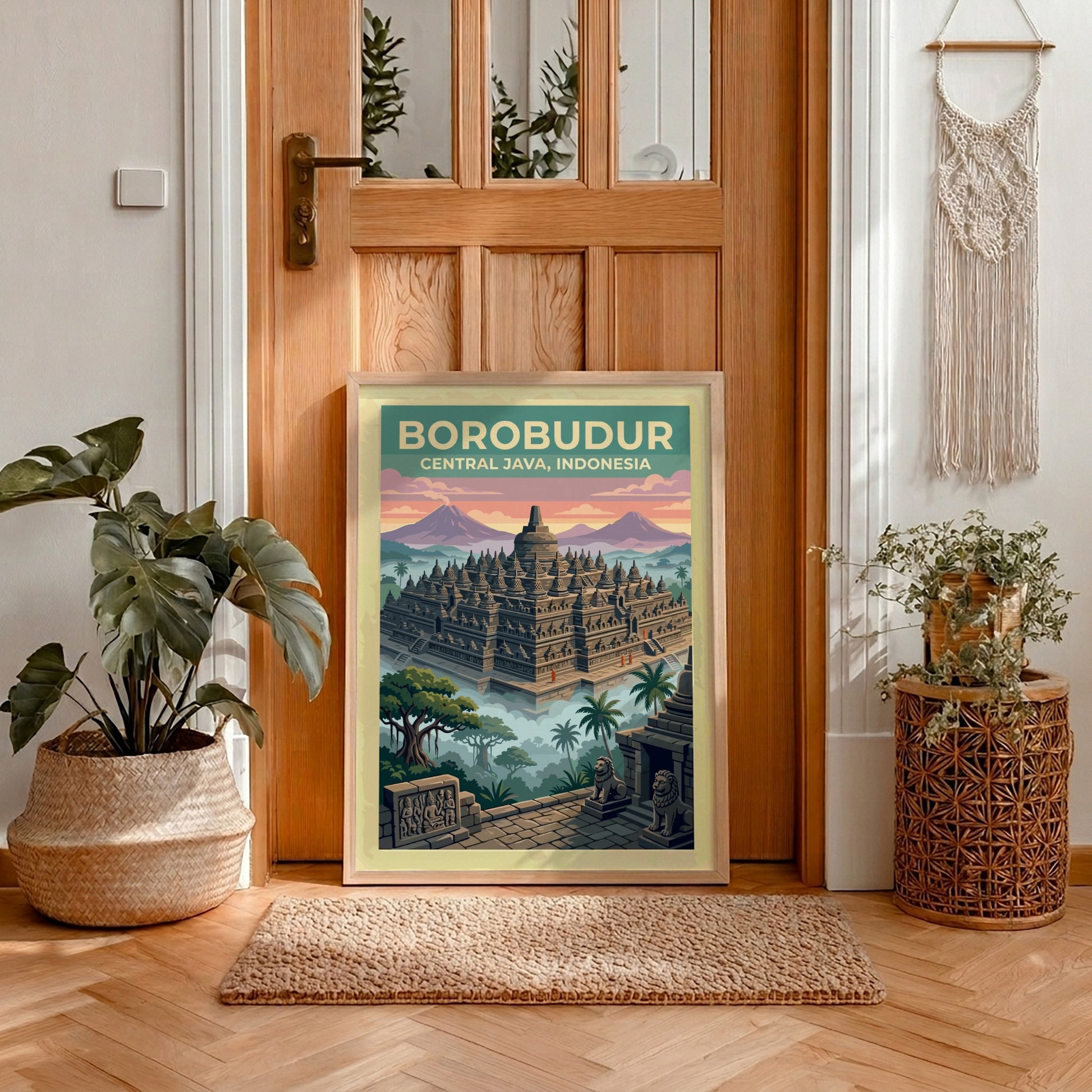 Travel poster of Borobudur temple in Central Java Indonesia with misty jungle trees