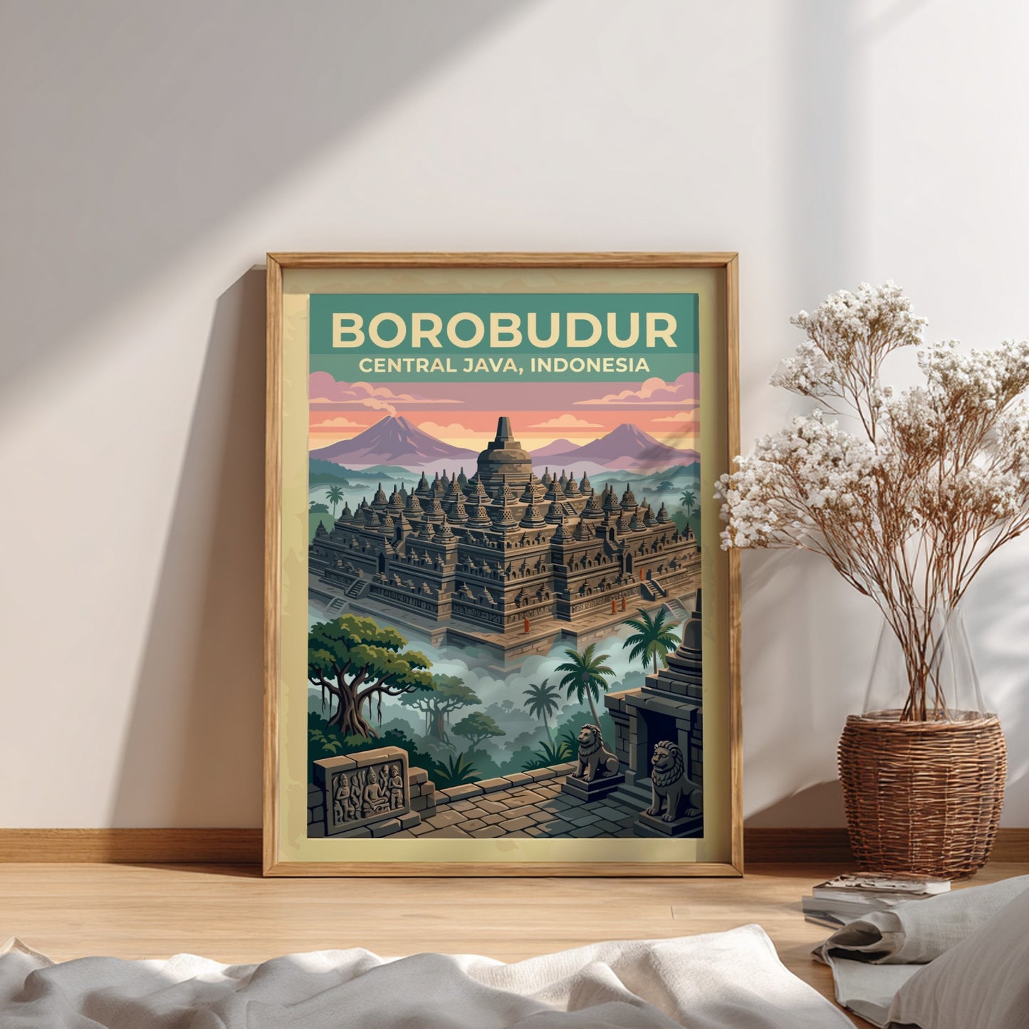 Travel poster of Borobudur temple in Central Java Indonesia with misty jungle trees