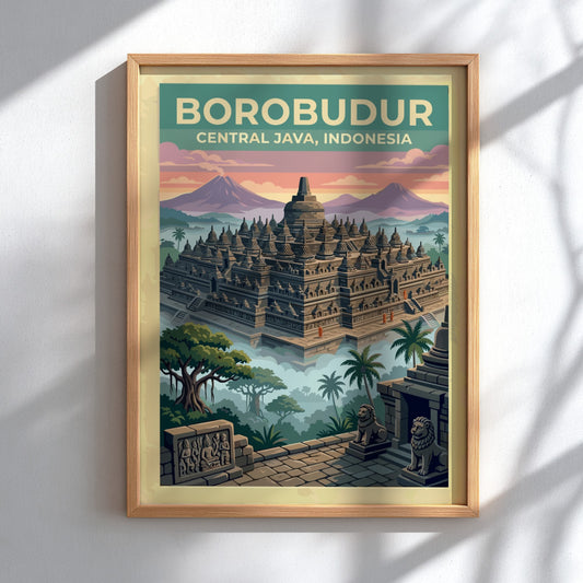 Travel poster of Borobudur temple in Central Java Indonesia with misty jungle trees