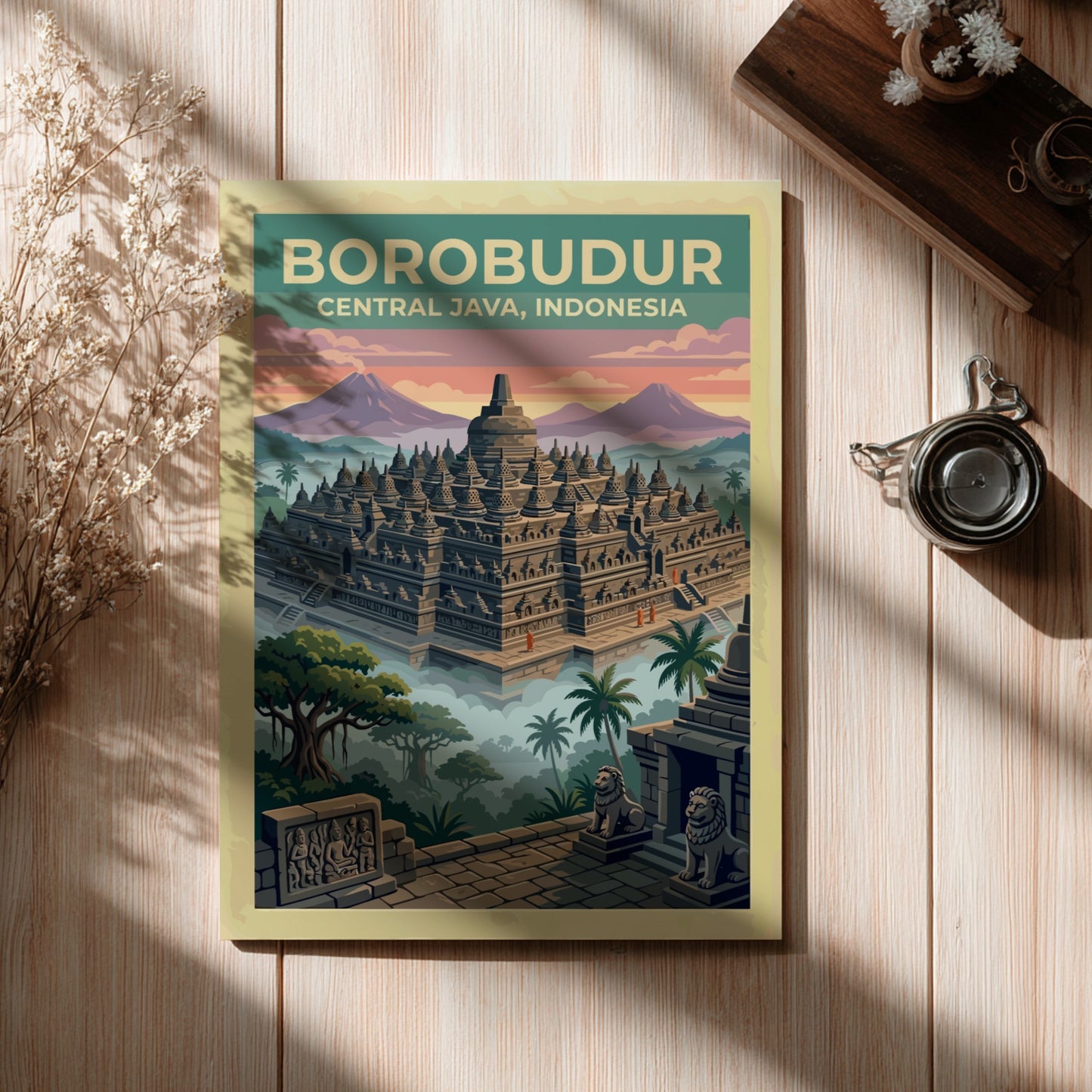 Travel poster of Borobudur temple in Central Java Indonesia with misty jungle trees