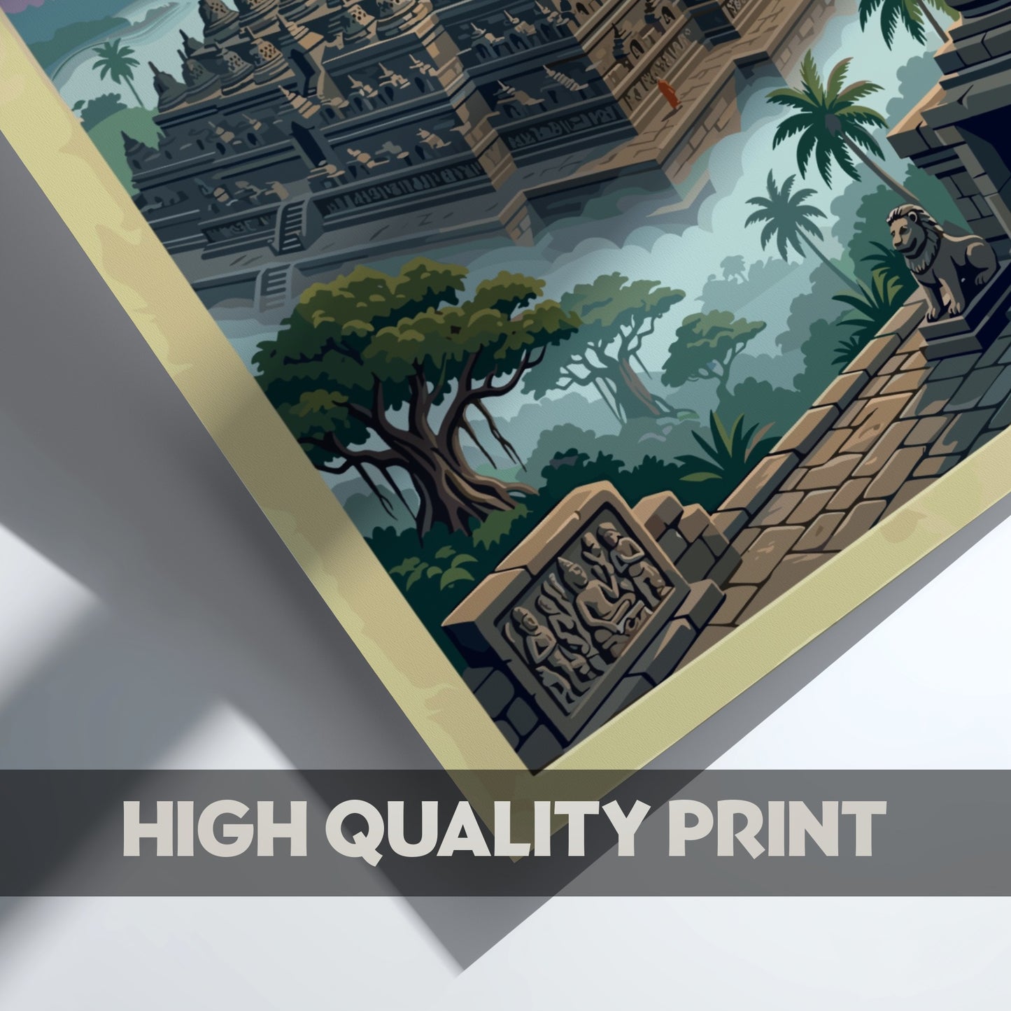 Travel poster of Borobudur temple in Central Java Indonesia with misty jungle trees