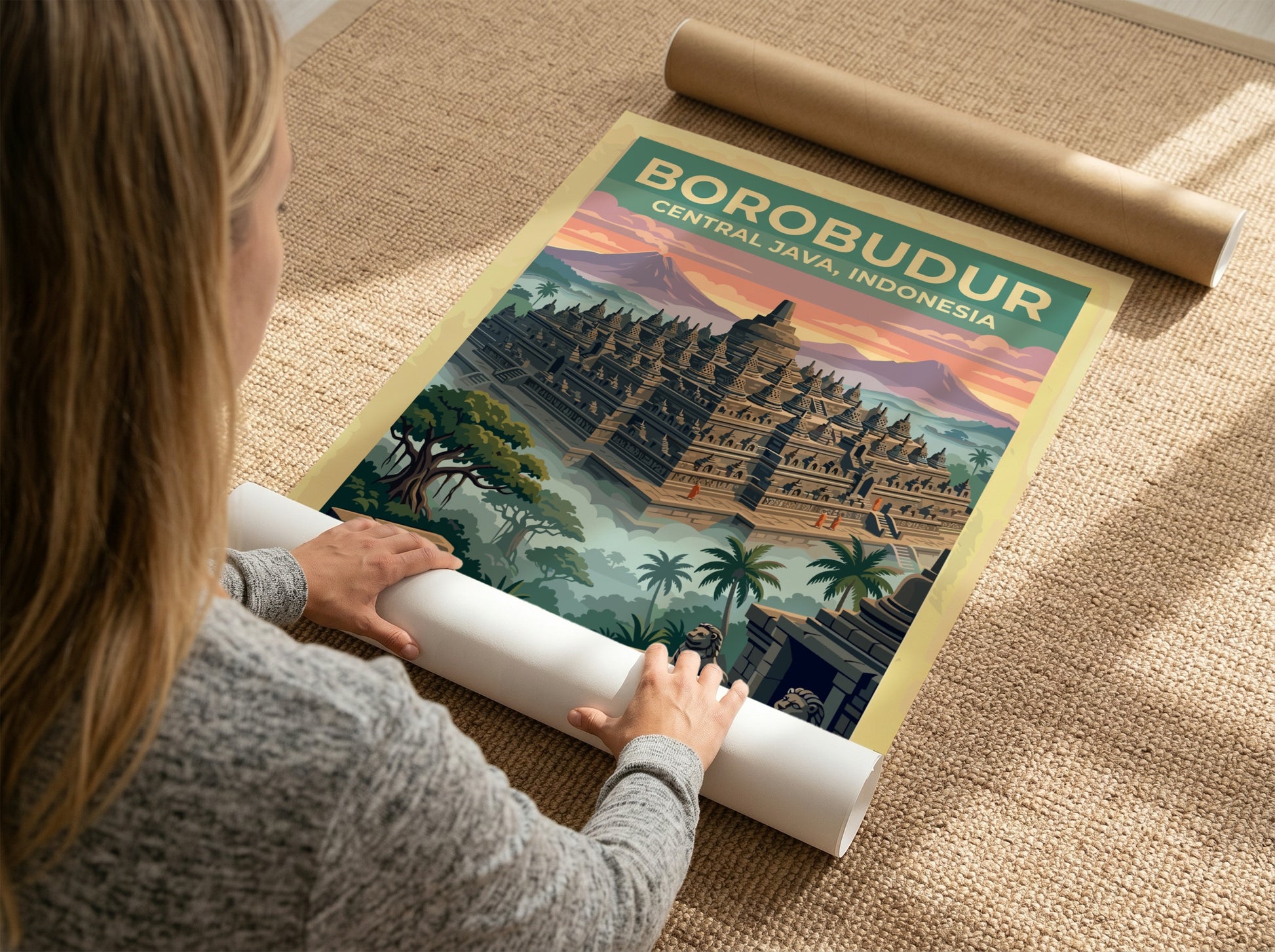 Travel poster of Borobudur temple in Central Java Indonesia with misty jungle trees