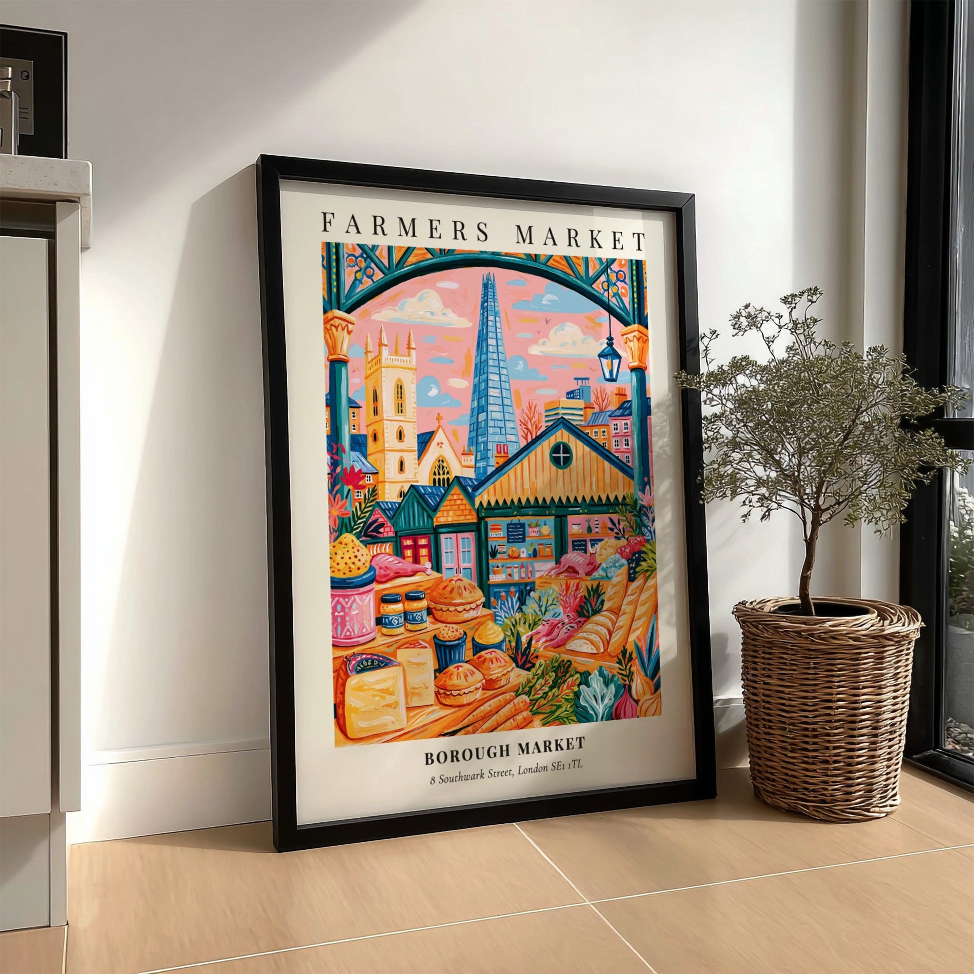Borough Market poster featuring vibrant colors and market stalls in London