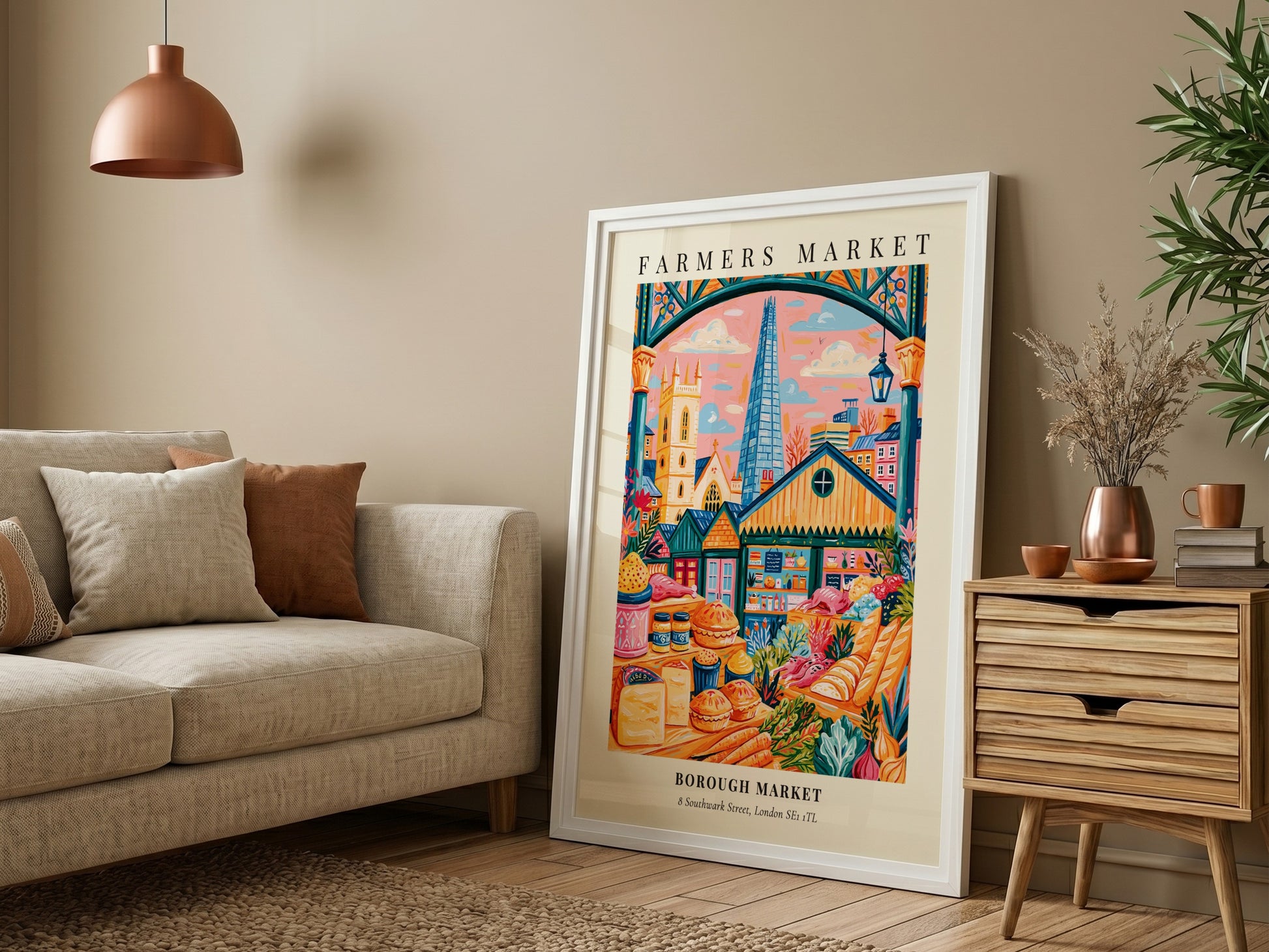Borough Market poster featuring vibrant colors and market stalls in London