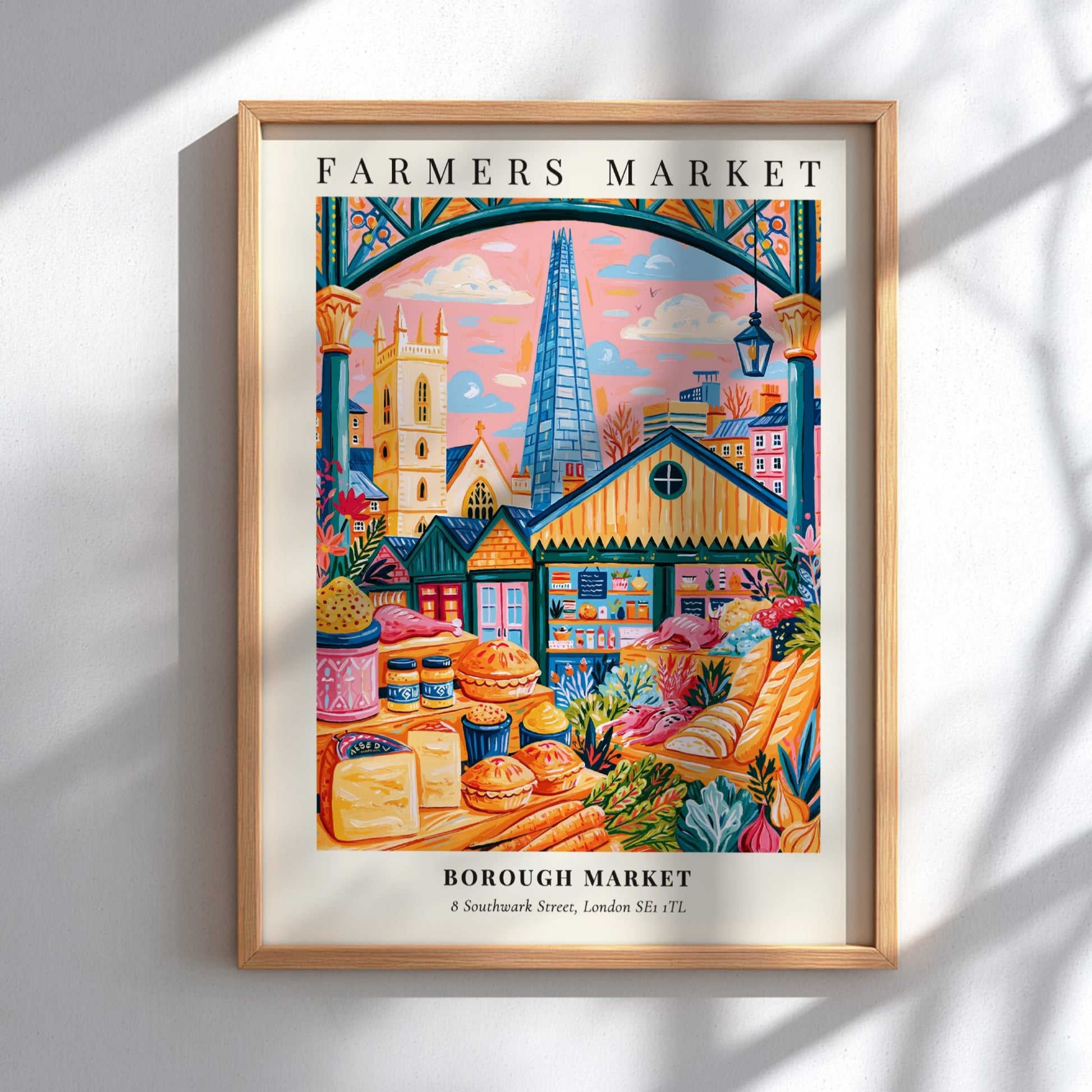 Borough Market poster featuring vibrant colors and market stalls in London