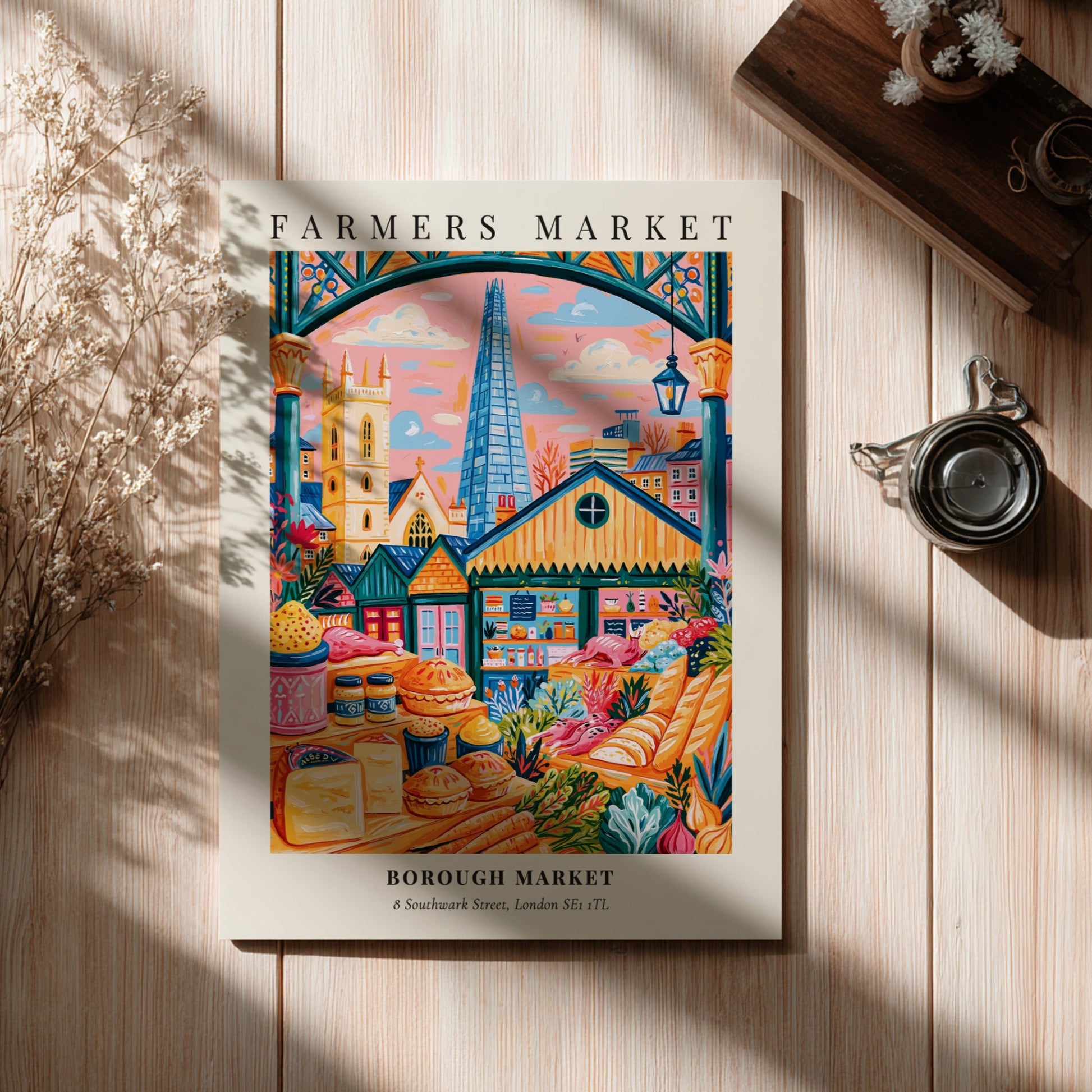 Borough Market poster featuring vibrant colors and market stalls in London
