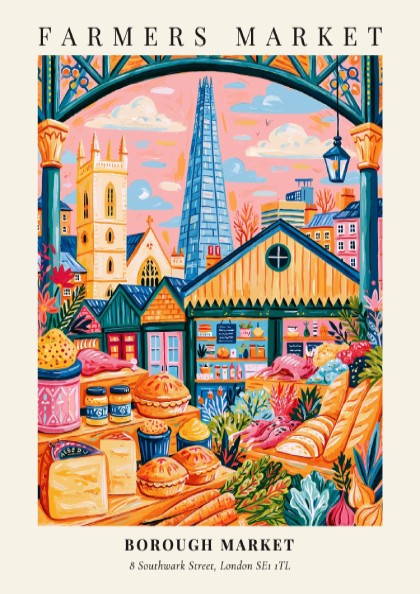 Borough Market poster featuring vibrant colors and market stalls in London