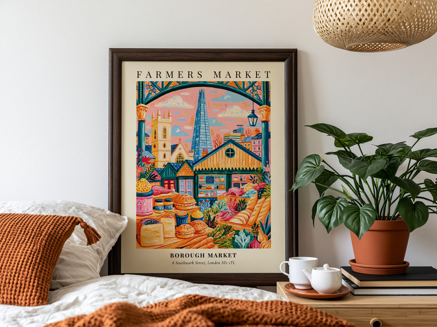 Borough Market poster featuring vibrant colors and market stalls in London