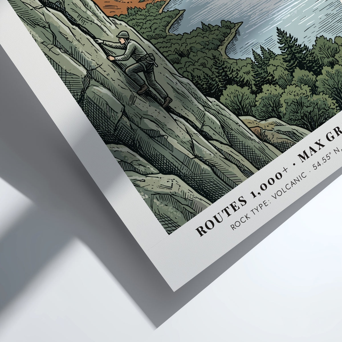 Poster featuring a rock climber on a volcanic cliff overlooking Borrowdale Lake District.