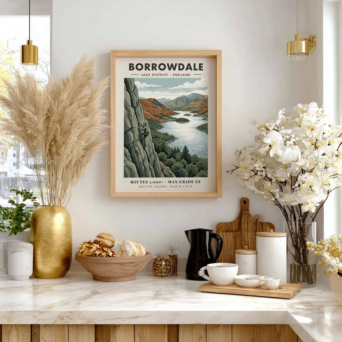 Poster featuring a rock climber on a volcanic cliff overlooking Borrowdale Lake District.
