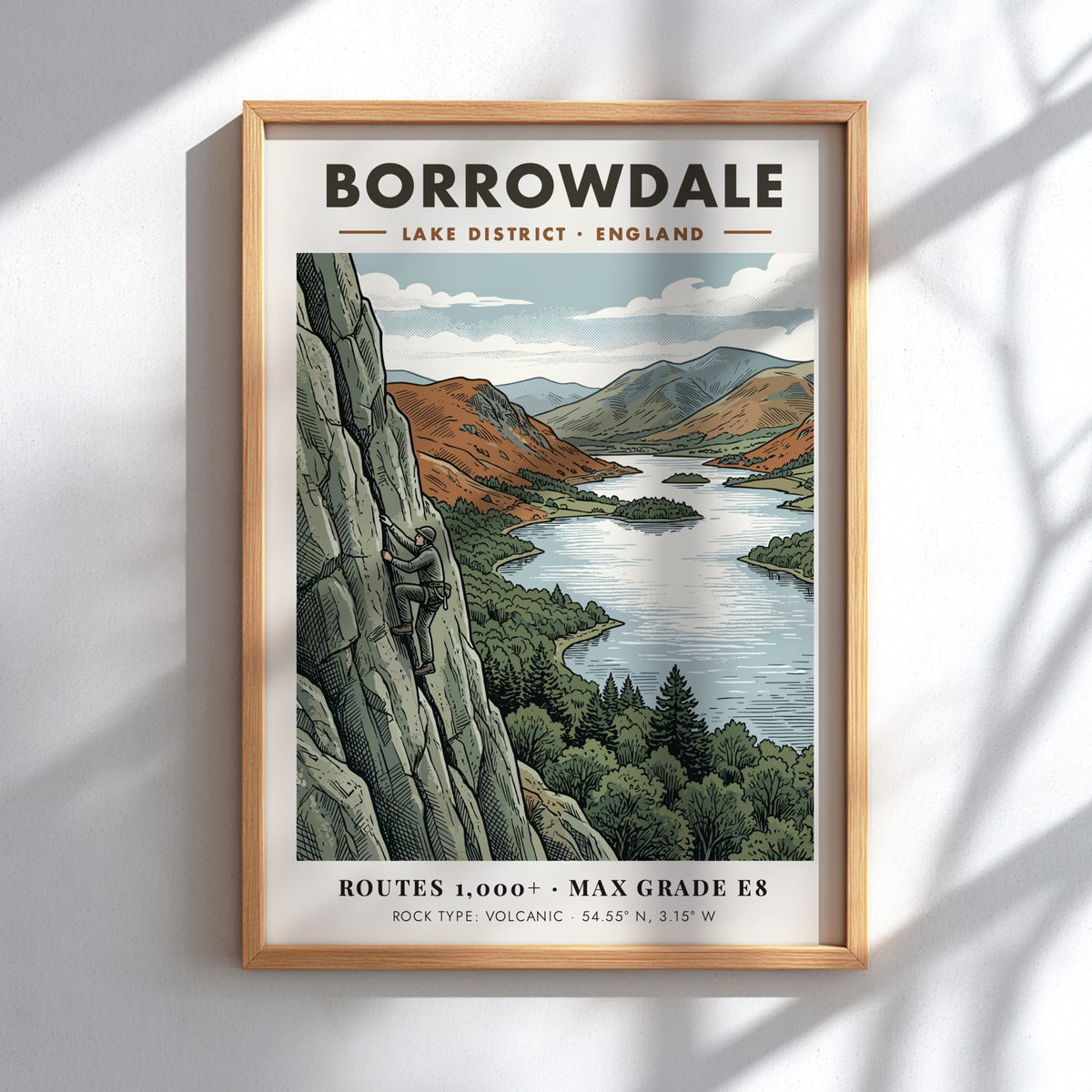 Poster featuring a rock climber on a volcanic cliff overlooking Borrowdale Lake District.