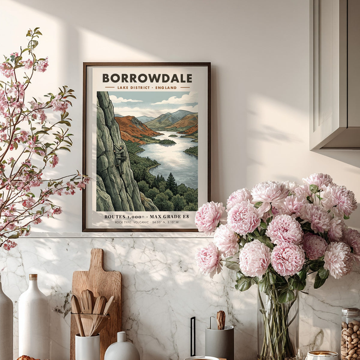 Poster featuring a rock climber on a volcanic cliff overlooking Borrowdale Lake District.