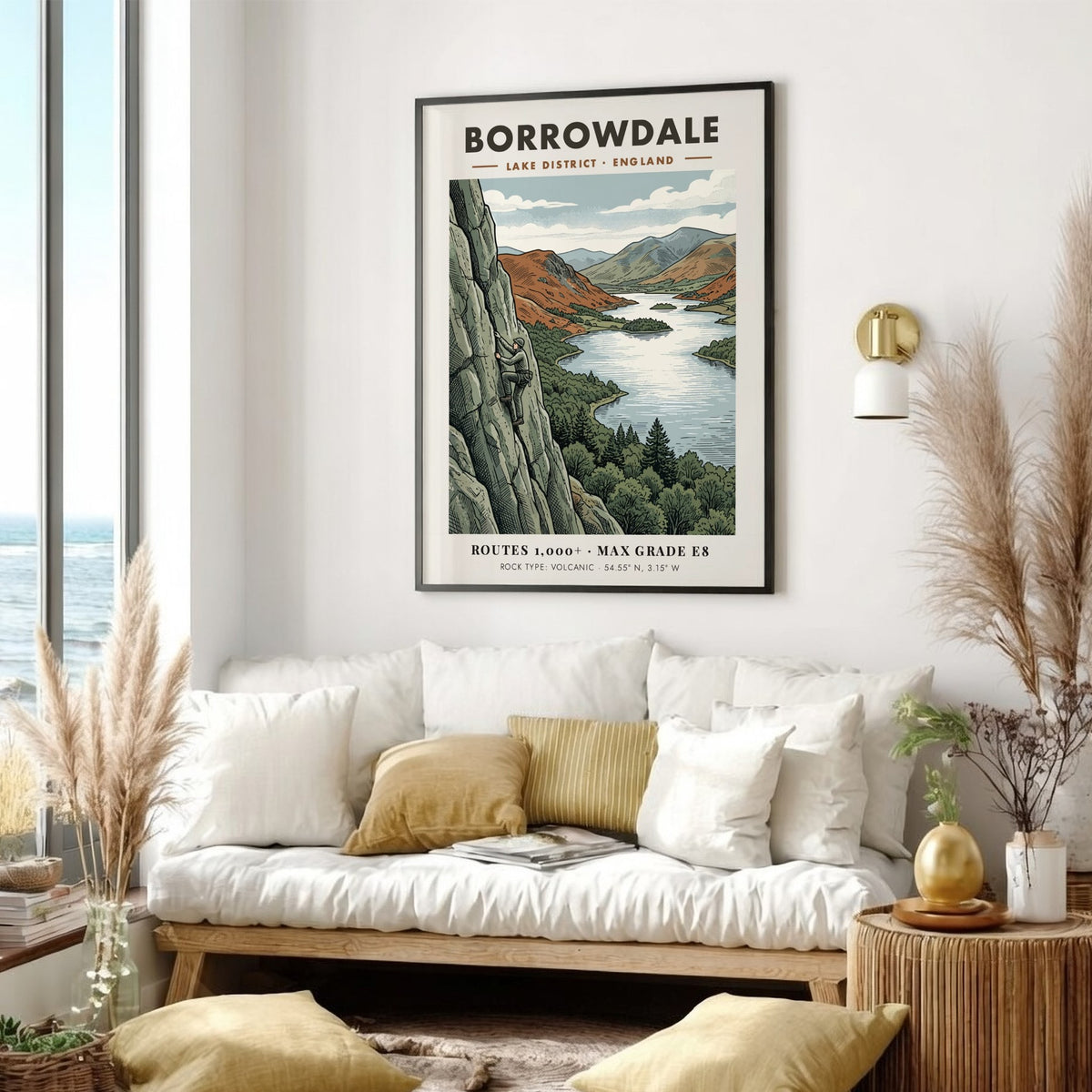 Poster featuring a rock climber on a volcanic cliff overlooking Borrowdale Lake District.