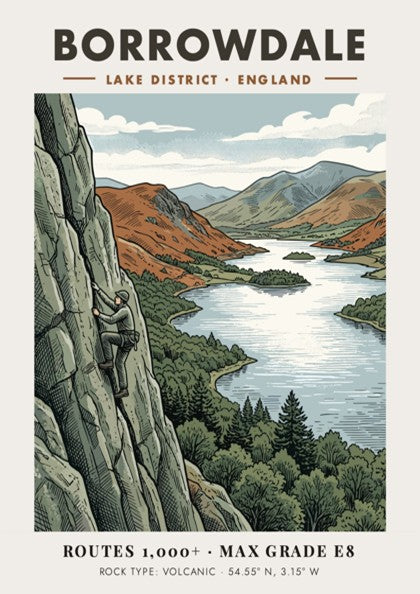 Poster featuring a rock climber on a volcanic cliff overlooking Borrowdale Lake District.
