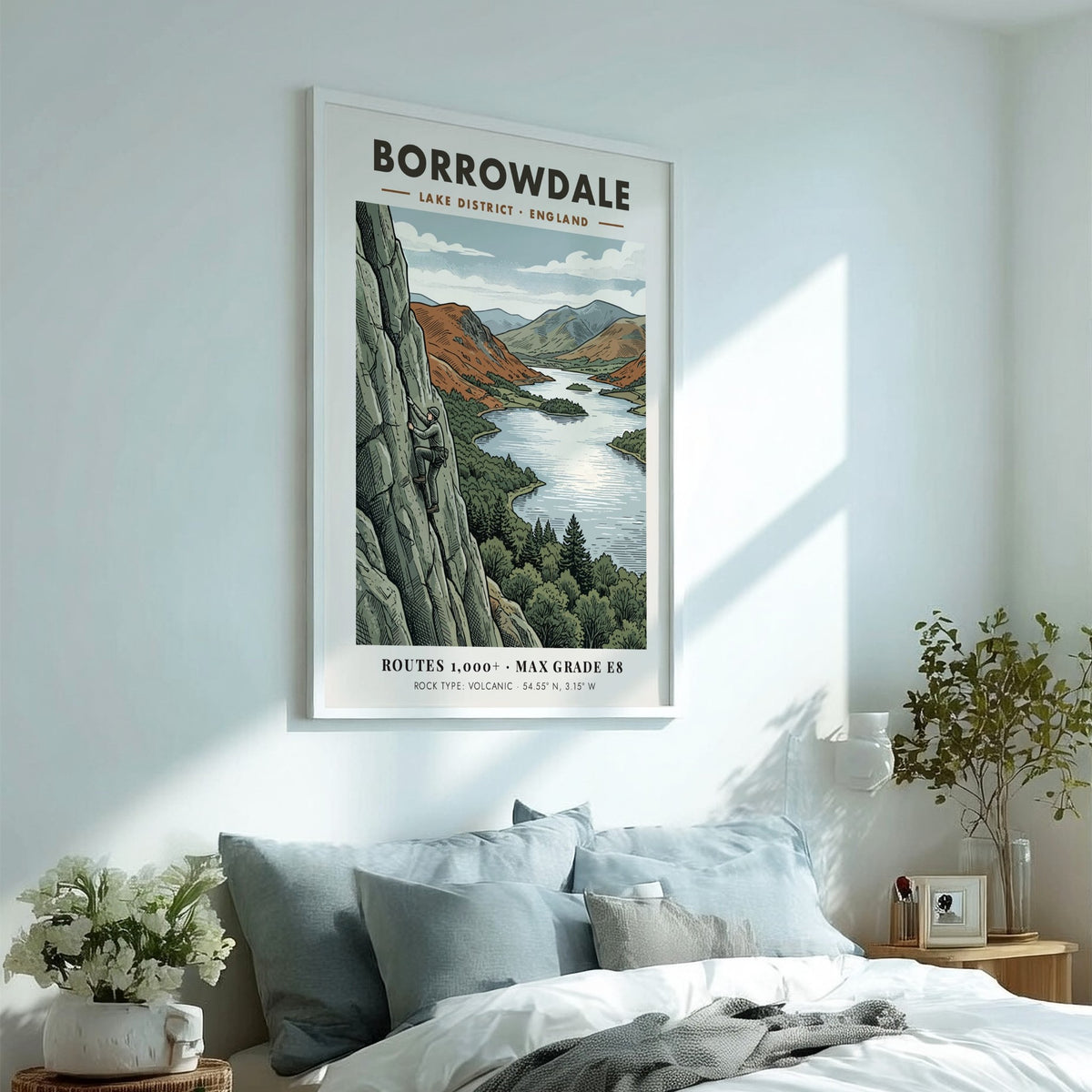 Poster featuring a rock climber on a volcanic cliff overlooking Borrowdale Lake District.