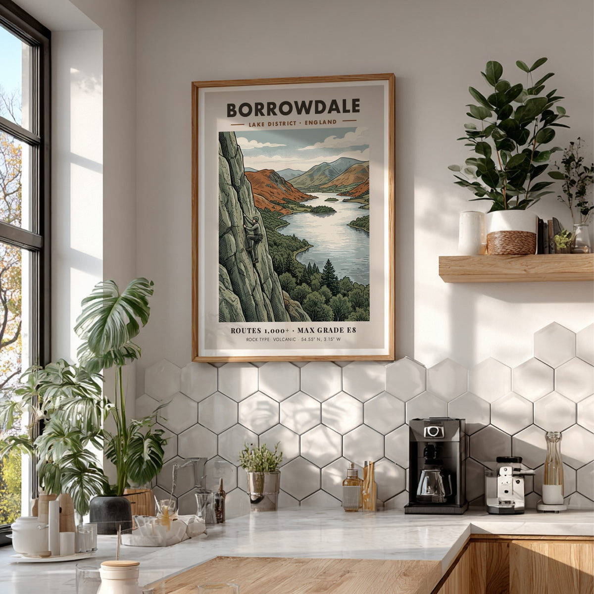 Poster featuring a rock climber on a volcanic cliff overlooking Borrowdale Lake District.