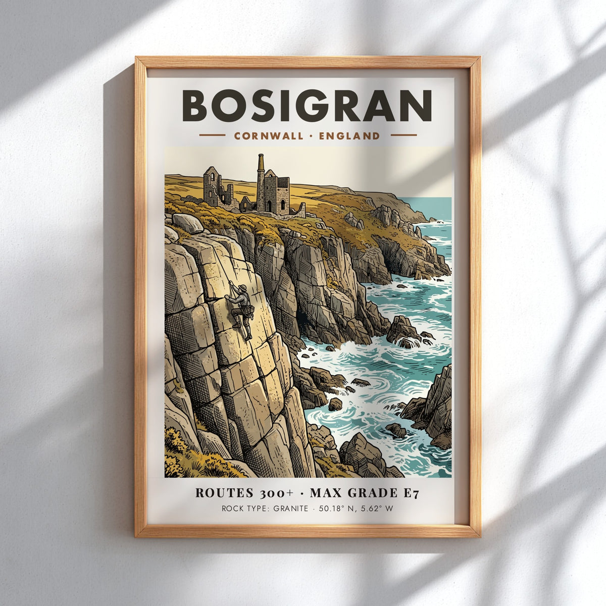 Poster of a rock climber on Bosigran cliffs with historic mine ruins in Cornwall.