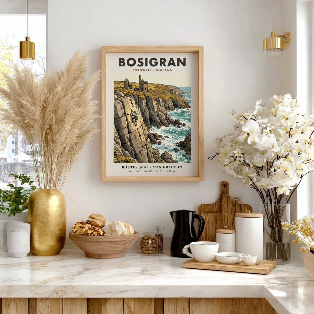 Poster of a rock climber on Bosigran cliffs with historic mine ruins in Cornwall.