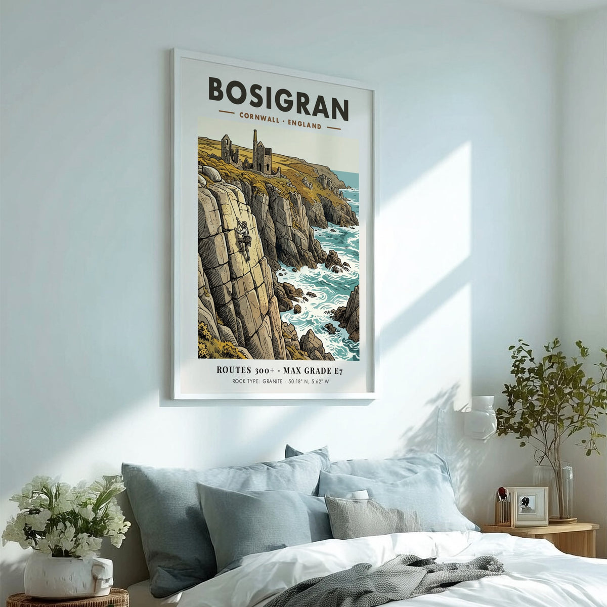 Poster of a rock climber on Bosigran cliffs with historic mine ruins in Cornwall.