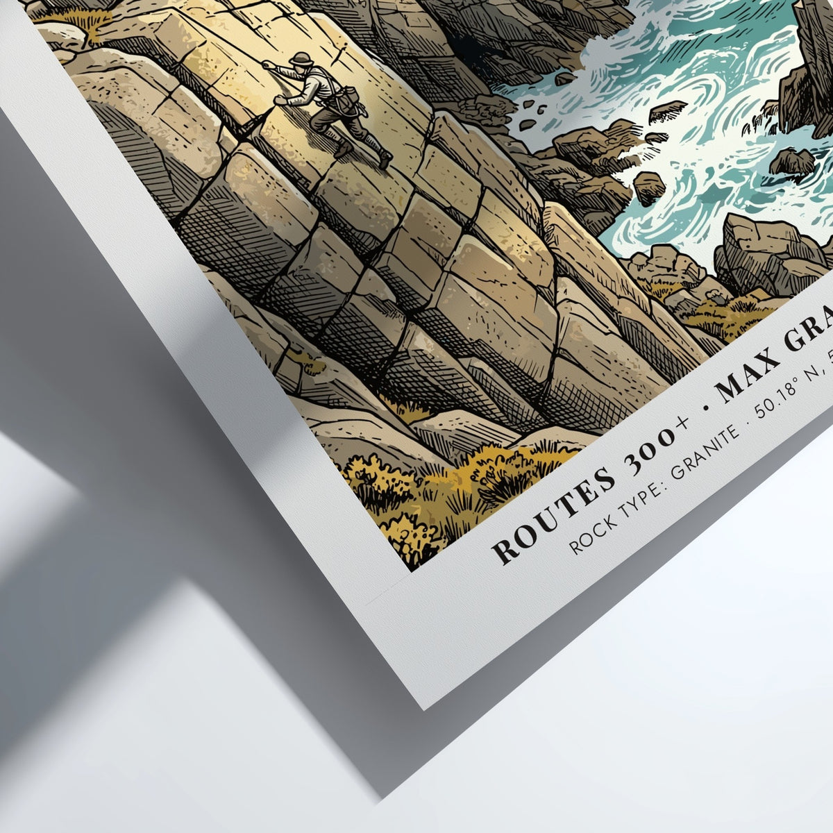 Poster of a rock climber on Bosigran cliffs with historic mine ruins in Cornwall.