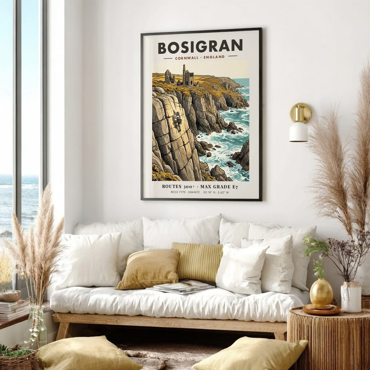Poster of a rock climber on Bosigran cliffs with historic mine ruins in Cornwall.