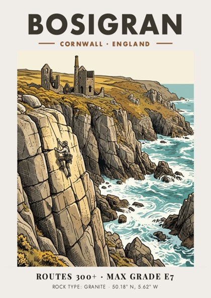 Poster of a rock climber on Bosigran cliffs with historic mine ruins in Cornwall.