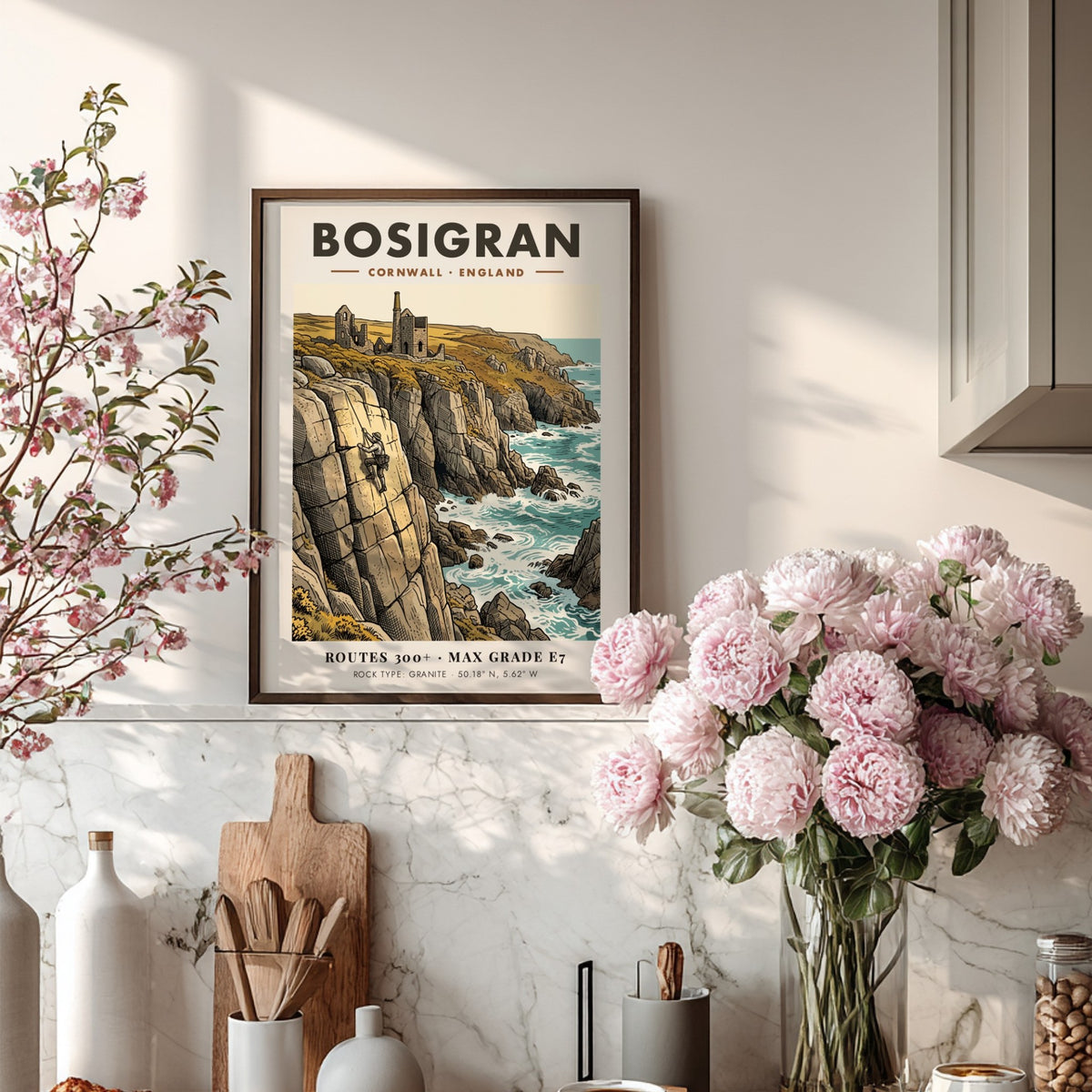Poster of a rock climber on Bosigran cliffs with historic mine ruins in Cornwall.