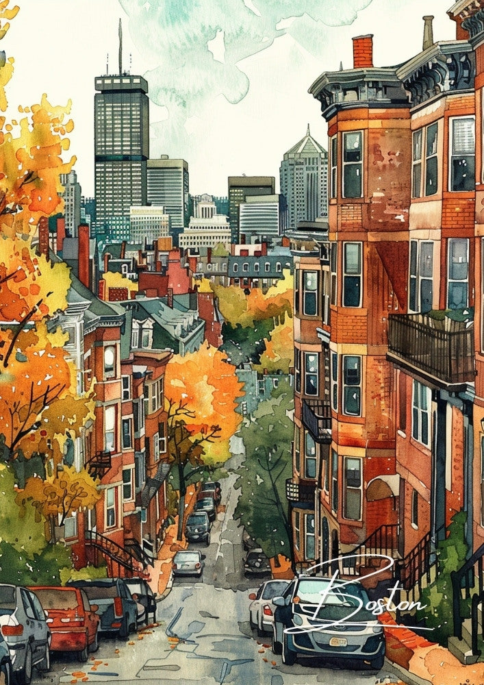 North AmericaBOSTON TRAVEL POSTER - WATERCOLOUR ARTWORK