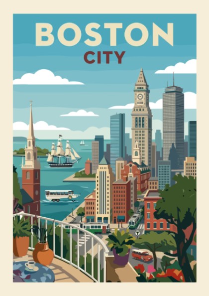 Vintage Boston City skyline poster with a sailing ship and trolley in a retro art style.
