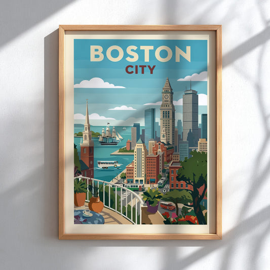 Vintage Boston City skyline poster with a sailing ship and trolley in a retro art style.